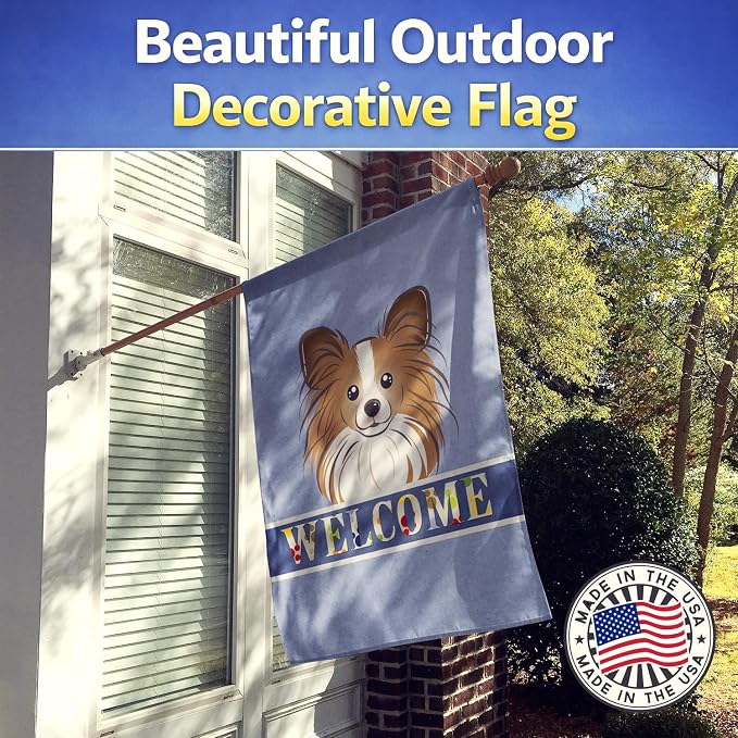 Caroline's Treasures BB1434CHF Papillon Welcome House Flag, Blue Large Porch Sleeve Pole Decorative Outside Yard Banner Artwork Wall Hanging, Polyester, House Size, Multicolor