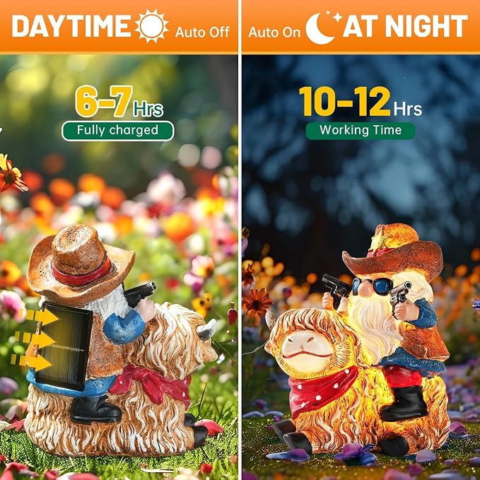 Solar Highland Cow Gnome Statue - Hand-Painted Resin Outdoor Decor for Garden & Yard, Unique Mothers Day Birthday Gifts for Grandma Women (Weatherproof)