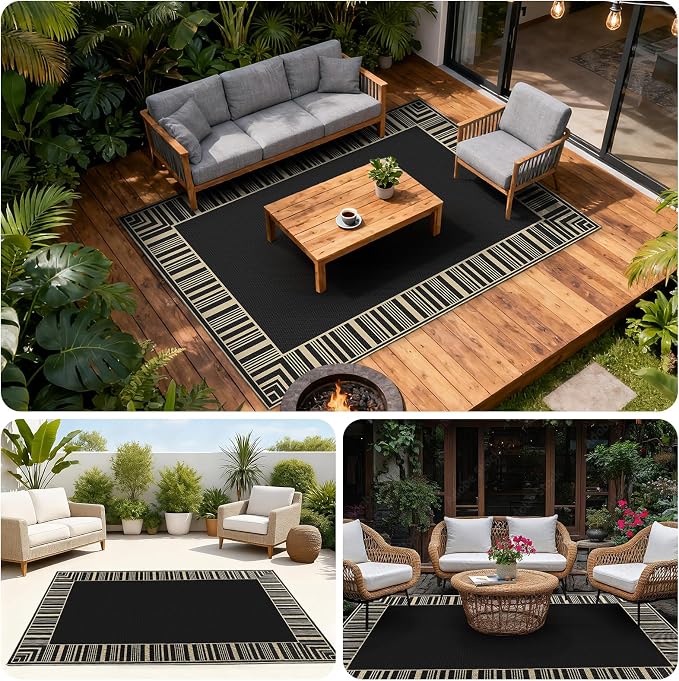 COZYLOOM Indoor Outdoor Rugs 8x10 Modern Easy Jute Washable Area Rug,Black | Non Slip Neutral Bordered Non Shedding Stain Resistant Foldable Rug for Living Room Dining Room Bedroom Patio Backyard