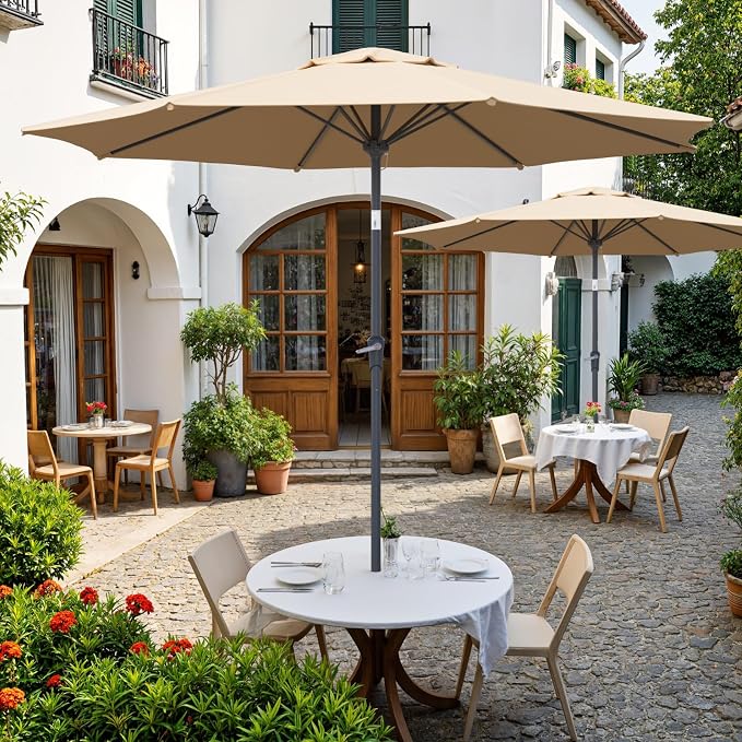 Outdoor Patio Umbrella, Table Umbrella with Push Button Tilt and Crank, 8 Ribs Market Umbrella
