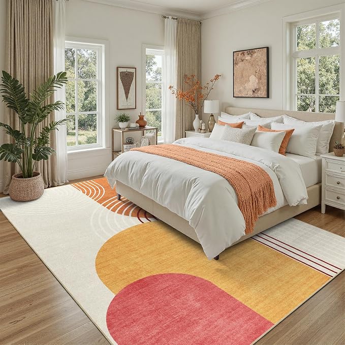 DCX Abstract Washable 6x8 Rug, Non Slip Low Pile Rug, Orange & Yellow | Rugs for living room, bedroom, dining room, office, soft, mid century modern rug, sain resistant indoor carpet, home decor