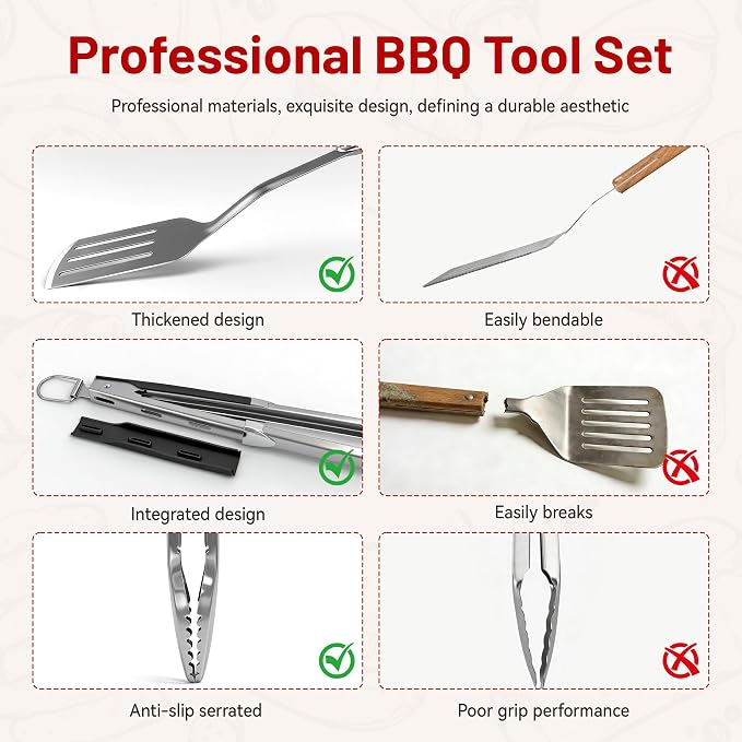 KEYO GRILL Heavy-Duty Stainless Steel Grilling Accessories, Professional Grill Utensils Set with Spatula, Fork & Tongs, Ideal BBQ Set Grilling Tools for Outdoor Grill, Gifts for Men Dad