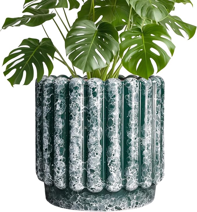 Ceramicfor Ceramic Plant Pot, 9.6 Inch, Green | Drainage Hole, Fluted Round Design, Indoor & Outdoor Use, Home Decor