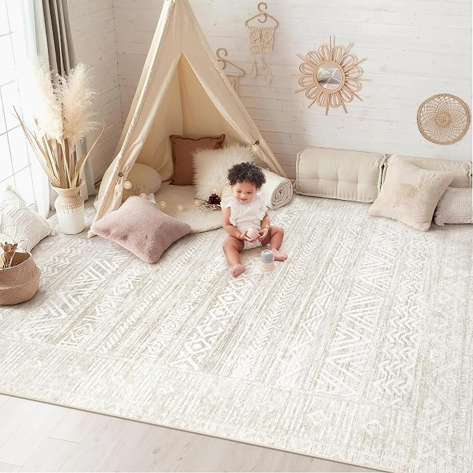 Washable Area Rug 5x7: Moroccan Rug for Living Room Geometric Boho Rug Farmhouse Non Slip Stain Resistant Rugs Low Pile Soft Carpet for Bedroom Dining Room Home Office Kids Room (Ivory Beige,5'x7')