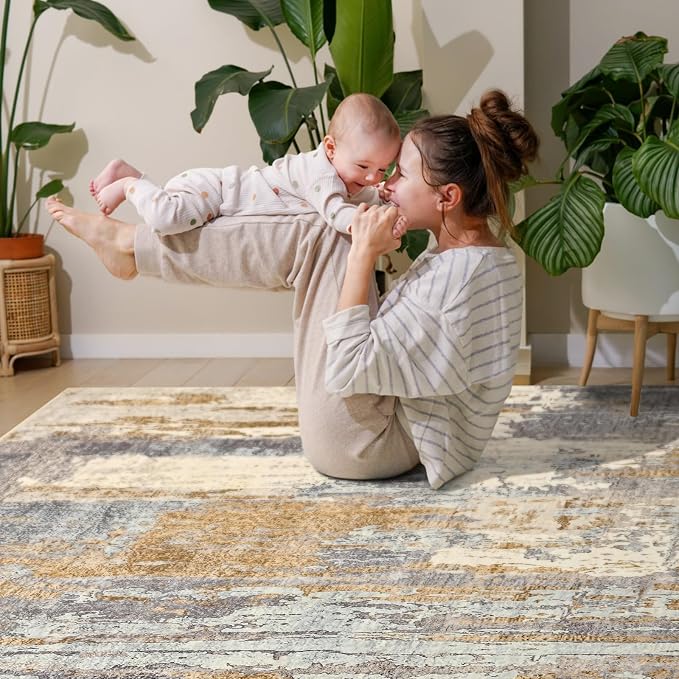 Toneed Washable 5x7 Camel Area Rug with Non-Slip Backing for Living Room | Abstract Modern Rugs, Soft Low Pile Carpet for Bedroom Kitchen Dining Room Nursery Indoor Floor Office Home Decor