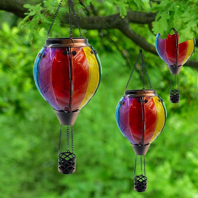 Glass Solar Hot Air Balloon Lantern with Flame Hanging Garden Flickering Light Outdoor Waterproof for Yard Patio Tree Mother's Day Gift, Colorful