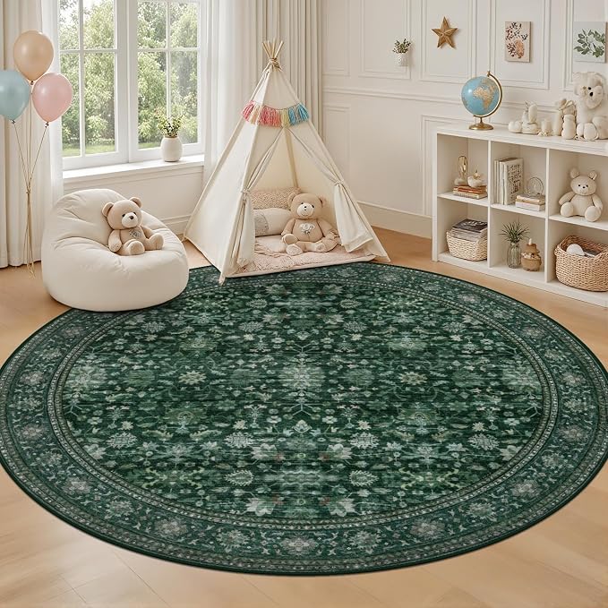 Round Area Rug for Living Room: 4ft Boho Washable Rug Deep Green | Vintage Boho Soft Round Rug Indoor Floor No Slip Carpet Stain Resistant Rugs for Bedroom Dining Room Nursery Home Office