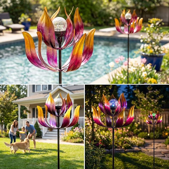 Solar Wind Spinners Outdoor for Yard and Garden, 61'' Lotus Kinetic Wind Sculptures with Color Changing LED Crackle Glass Globe, Metal Yard Art Decor for Patio Lawn, Garden Gifts for Women/Mother