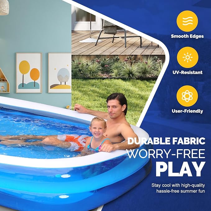 Inflatable Swimming Pool Outdoor Lawn Ground Rectangular Swimming Pool for Kids or Adults (Max 103x69x20±3 Inch)