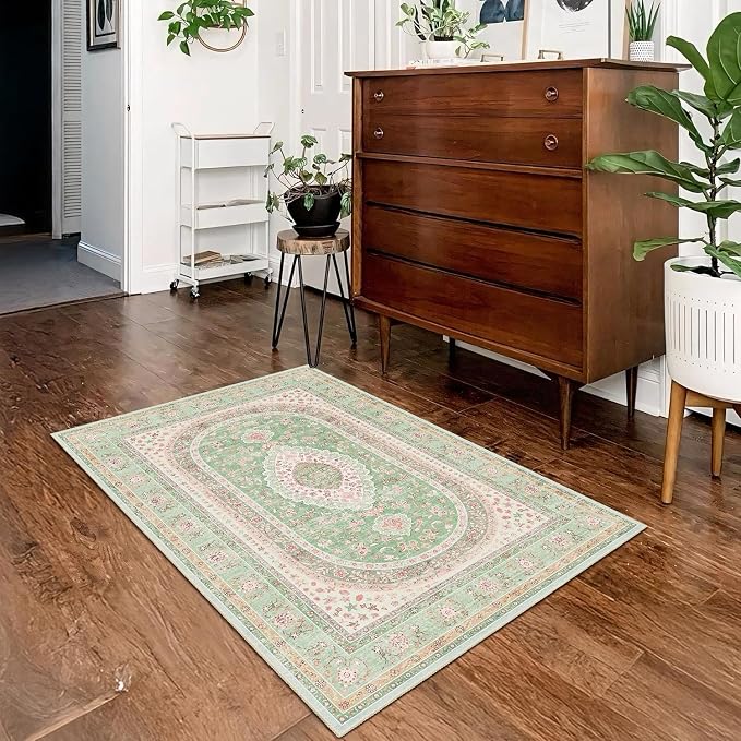 Small Rugs 2x3,Green Rug for Entryway Entrance Doormat Boho | Vintage Bohemian Distressed Washable Oriental Accent Floor Throw Carpet for Bathroom Bedroom Non Slip,Sage Blush Floral