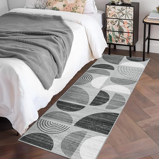 Runner Rug Washable,2x6 Area Rugs Non Slip Modern Abstract Boho | Long Throw Carpet for Hallways Kitchen Bathroom Bedroom Entryway Laundry Soft Low Pile Floor Indoor Bohemian Black and Grey