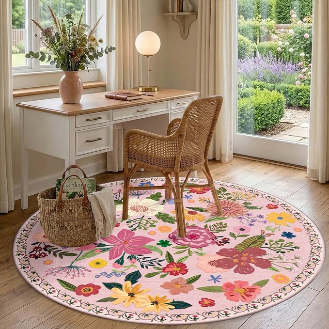 Latte&Fog 6ft Pink Round Area Rug for Girl Bedroom Washable Cute Circle Rug | Non Slip Low Pile Soft Floral Indoor Carpet for Living Room Kids Playroom Nursery Classroom Dorm Decor Dining Kitchen Office