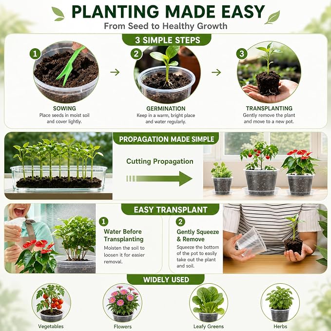 6/8/10 Inch Clear Nursery Pots with Saucers and 15 Pack Plant Labels,Transparent Plastic Plant Pots with Drainage Holes,Sturdy Seed Starter Pots for Succulents,Herbs,Flowers,Indoor Outdoor Plants