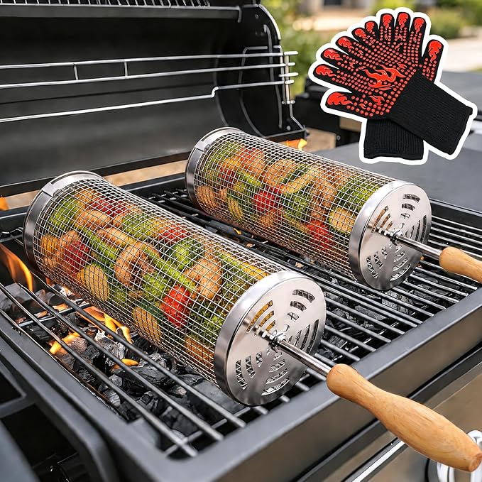 Rolling Grill Basket with Insulated Gloves (2PCS), 304 Stainless Steel Nesting Grill Baskets with Removable Wooden Handles, BBQ Grilling Accessories for Vegetable, Camping, Outdoor, Gifts for Men/Dad