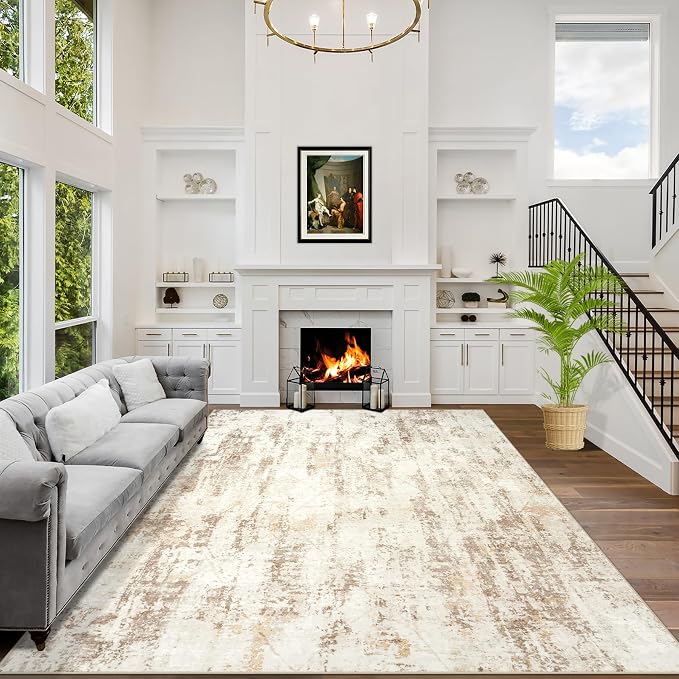 6x9 Area Rugs for Living Room: Washable Abstract Beige Grey Badroom Carpet | Non-slip TPE backing makes this washable soft low-pile rug safe & durable, Pet-friendly decor for dining room,nursery,office