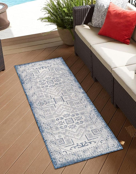 Unique Loom Outdoor Aztec Collection Area Rug - Coba (2' 7" x 12' Runner, Blue/ Ivory)