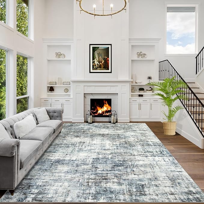 10x14 Area Rugs for Living Room: Washable Abstract Blue Multi Carpet | Non-slip TPE backing makes this washable soft low-pile rug safe & durable, Pet-friendly decor for dining room,nursery,office