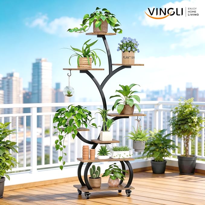 VINGLI Plant Stand Indoor with Grow Lights, 48" Small Space Plant Stand, 8-Tier Mobile Plant Shelf, Lighted Display Rack for Apartment, Living Room & Balcony, Black and Brown