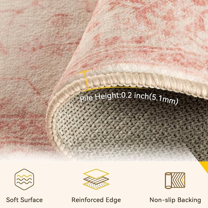 RELEANY Washable Area Rug, Round 6ft, Pink/Light Vintage Pink | Non-Slip, Water Repellent, Pet Friendly, Easy to Clean, Vintage Floral Boho Decor for Living Room Bedroom Dining Room