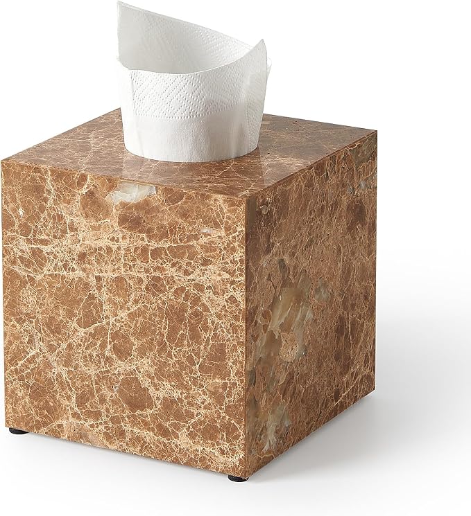 Real Natural Marble Tissue Box Cover, 5.5 Inch Square Marble Tissue Box Holder with Open Bottom, Heavy Stone Decorative Organizer for Bathroom Vanity, Kitchen Countertop, Luxury Home Décor