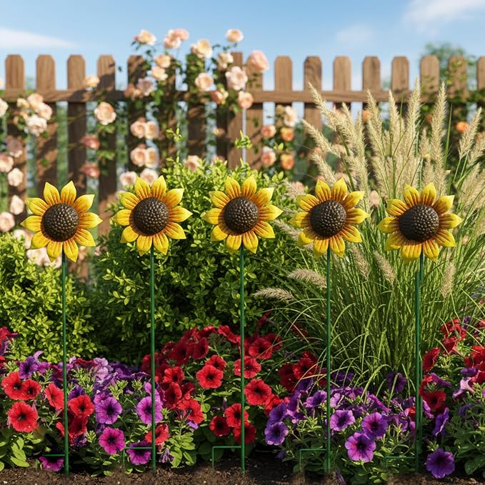 Sunflowers Metal Yard Art Wind Spinners Outdoor Decoration Stakes | 5pcs Lawn Ornaments, Lawn Decorations Garden Stakes, Metal Outside Decor for Flower Garden Decor, Sunflower Gift for Women