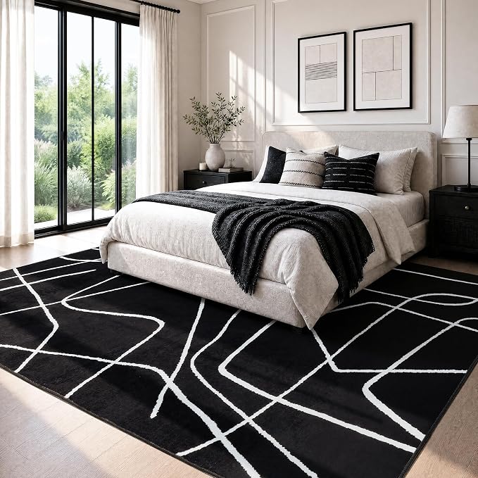 5x7 Washable Modern Abstract Black White Area Rug | Ultra-Thin Low Pile, Non-Slip TPE Backing, Soft Stain Resistant, Machine Washable, for Bedroom Livingroom High Traffic