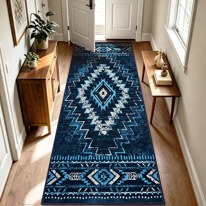 Yinhua 2x8 Runner Rug Non Slip, Western Washable Runner Rugs for Kitchen | Aztec Long Hallyway Runners Rug Low-Pile, Soft Bule Carpet for Bedside Bathroom Entryway