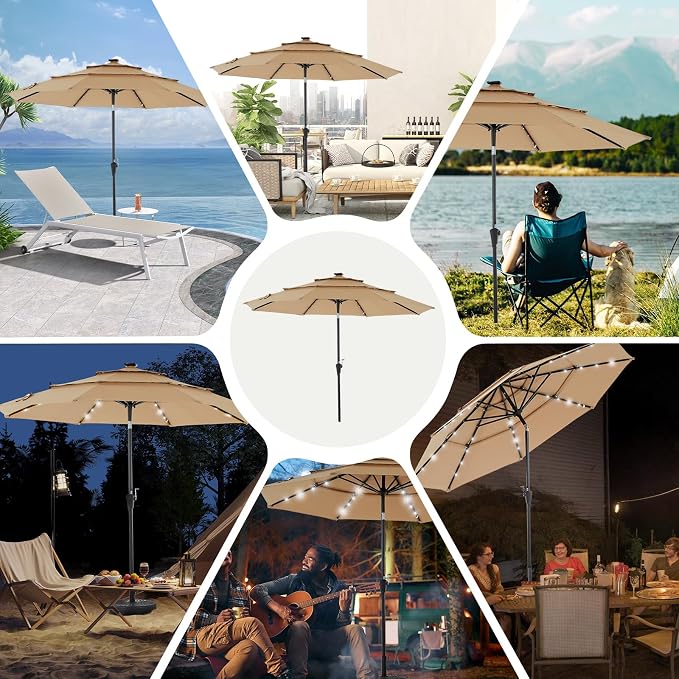 DUMOS Outdoor Solar Patio Umbrella 3 Tiers with 32 LED Lights, Beach Market Table Umbrella with Crank and 8 Sturdy Ribs for Pool, Terrace, Restaurant