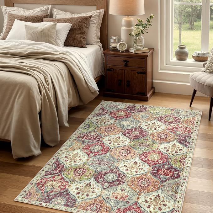 Lahome Moroccan Small Washable Area Rug, 3x5 Rugs for Bedroom Living Room | Trellis Non-Slip Oriental Throw Carpet for Kitchen Office Entryway Bathroom Office Elise Orange/Terracotta