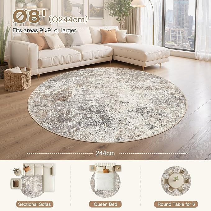 UERMEI 8ft Round Area Rug Living Room Rugs - 8x8 Washable Neutral Modern Abstract Soft Thin Rug Indoor Floor No Slip Rug Carpet for Bedroom Under Dining Table Home Office Decor - Brown Grey