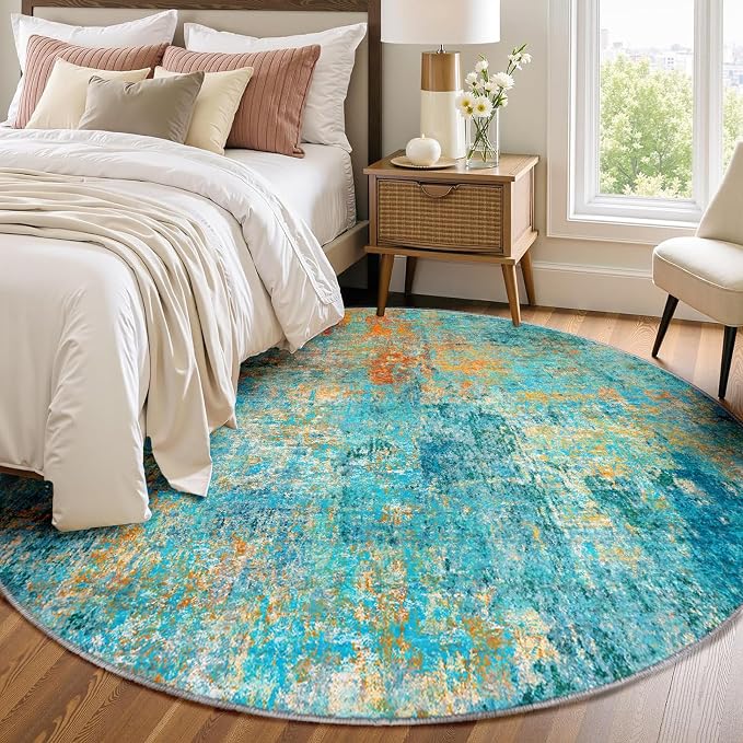 RELEANY Washable Round 6ft Area Rug for Living Room Teal Multi | Carpet for Bedroom, Kitchen, Office, Hallway and Entryway, Printed Pattern, Non‑Slip, Soft, Stain‑Resistant, Easy to Clean