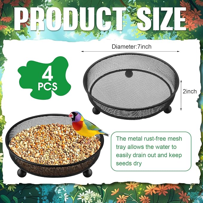 Nuogo 4 Pcs Ground Bird Feeder Tray 7 Inches Platform Bird Feeder for Outside Metal Squirrel Feeders Rust Resistant Mesh Seed Tray Garden Yard Decoration for Outdoor Wild Dove(Round)