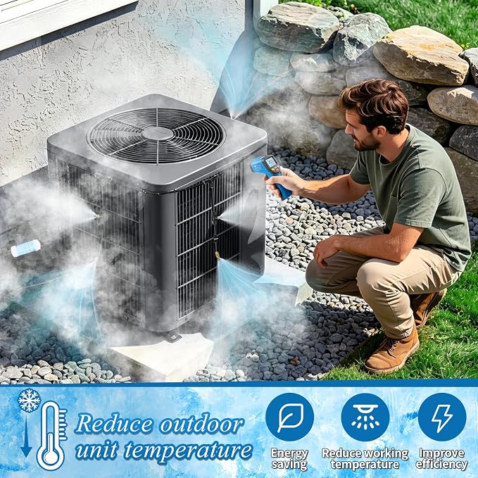AC Condenser Misting Cooling System Includes Water Filter Cutter, Air Conditioner Cooler System Evaporative Cooling Kit for Residential AC Units, Sun-Exposed Condensers&High-Temperature Climate Homes