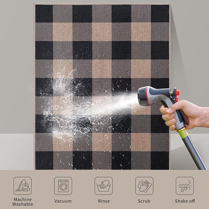 Tangsoo Checkered 4x6 Washable Easy Jute Area Rug for Patio,Non-Slip Black Grey Indoor Outdoor Rug,Modern Throw Mat Ultra Thin Carpet for Front Porch Kitchen Bedroom Foyer
