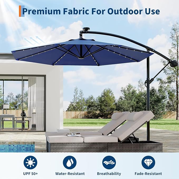 Garvee 10FT Solar Lights Offset Patio Umbrella with Cross Base, Cantilever Umbrella with Easy Lift & Tilt Adjustment, 8 Ribs Sun umbrella UV Protection for Backyard, Pool, Garden, Navy Blue