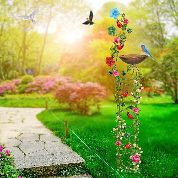 YADOOLIFE 57” Bird Bath with Garden Trellis for Climbing Plants Outdoor, Small Decorative Trellises Metal Birdbath Bird Baths, 1 Piece (Redbird)