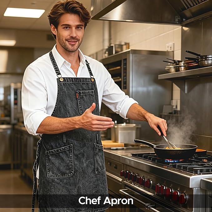 Denim Chef Apron for Women with Pockets, Jean Waitress Server Kitchen Apron for Men Cooking Gardening Painting