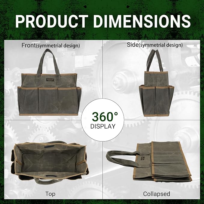 Waxed Canvas Tool Bag Tote, 14 Inch Heavy Duty Tool Organizer with 10 External Pockets & 1 Large Compartment, Army Green