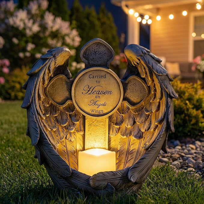 Solar Angel Wings Memorial Statue with LED Candle & Cross, Weather-Resistant Resin Grave Decorations for Cemetery, Sympathy Bereavement Gifts for Loss of Loved One