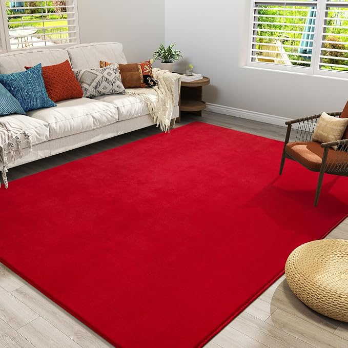 Amearea Modern Area Rugs for Bedroom Living Room, 5x8 Red Memory Foam Rug | Thickened Fluffy Indoor Washable Rugs Non Slip Minimalist Large Carpet for Boys Girls Dorm Nursery Room Decor
