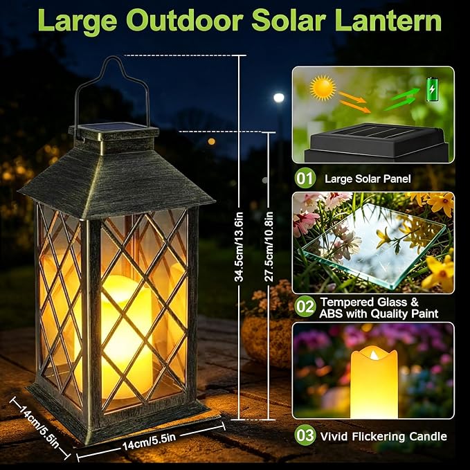 Yowin Solar Lanterns Outdoor Waterproof 2 Pack 14" Large Tempered Glass Hanging Solar Lantern with Flameless Candle, Garden Gifts, Table Lamp for Wall Balcony Patio Vintage Decorations - Bronze