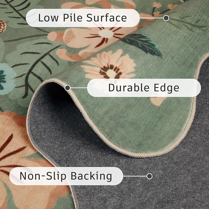 DCX Vintage Floral Washable Area Rug 2x6, Non Slip Low Pile Rug, Sage Green | Rugs for entryway, kitchen, dining room, office, soft, kid & pet friendly, sain resistant indoor carpet, home decor