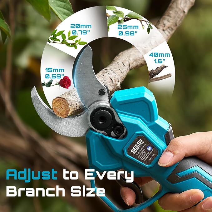 SEESII Electric Pruning Shears Cordless: Up to 1.6" Cutting Diameter Power Pruner - 2 Pcs 4.0Ah Batteries, Brushless Motor, Extra SK5 Blade, 4 Modes Adjustable Branch Cutter for Tree Flower Trimming