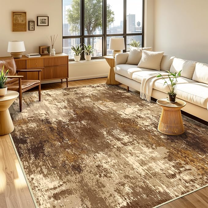 RELEANY Washable 2'x3' Abstract Area Rug for Living Room Brown Tan | Carpet for Bedroom, Kitchen, Office, Hallway and Entryway, Printed Pattern, Non‑Slip, Soft, Stain‑Resistant, Easy to Clean