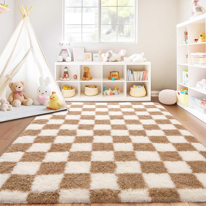 Checkered Rug for Living Room 8x10, Ultra Fluffy Fuzzy Shag Large Area Rug for Bedroom, Modern Plush Soft Upgrade Non-Slip Carpet for Kids Girls and Boys Room Dorm Home Decor, Cream and Camel