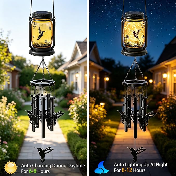 2 Pack Solar Hummingbird Wind Chimes for Outside, Birthday Mother' s Day Gifts for Mom Women Grandma,Solar Hummingbird Wind Chime Light Hanging Wind Chimes Outdoor,IP65 Waterproof, Yard Garden Terrace