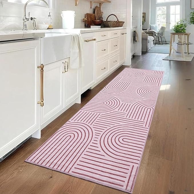 ROYHOME Modern 2x6 Hallway Runner Rug Non Slip Washable Kitchen Rug, Pink | Abstract Bath Mat, Rainbow Geometric Runners Rugs for Bedroom, Soft Long Rugs for Entryway Arch Pattern Bathroom Laundry Dorm