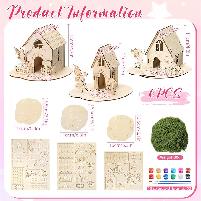 DoubleFill 6 Sets Wooden Fairy House DIY Kit Craft - DIY Fairy Garden with Paints & Decorations - Arts Crafts & Birthday Gift for Craft Activity Party Decor (Cute Tall)