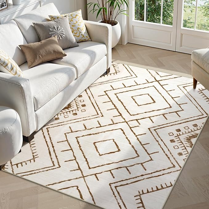 LIVEBOX Western 5x7 Area Rug, Beige Washable Rugs for Living Room Bedroom, Non Slip Moroccan Tribal Rug Low Pile Geometric Soft Boho Area Rugs Diamond Carpet for Dining Room, Nursery Room, Playroom