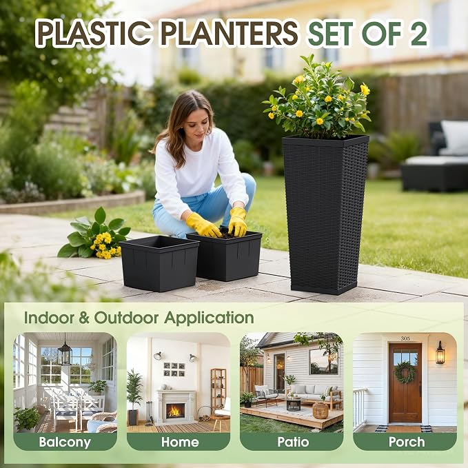 30 Inch Tall Plastic Planters(Set of 2), Detachable Inner Pot & Drainage Holes, Outdoor Decorative Flower Pots for Large Plants, Trees, Patio, and Garden, Black